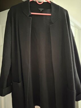 Talbots Black Open-Front Knit Cardigan with Collar and Pockets